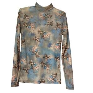 Sweet Lilac Mesh Shirt Women's Cherub Angel Cloud Print Y2K Size Medium